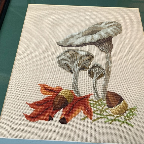 Handmade Needlepoint Mushrooms Framed Set of 3 Cottagecore Rustic Decor Art - Picture 3 of 8